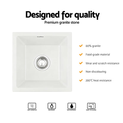 Cefito Kitchen Sink 38x38cm Granite Stone Sink Single Bowl White - Image 4