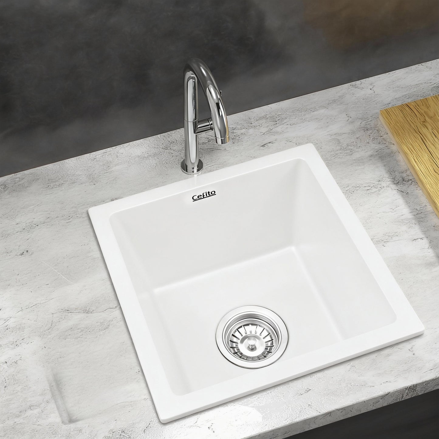 Cefito Kitchen Sink 38x38cm Granite Stone Sink Single Bowl White - Image 7