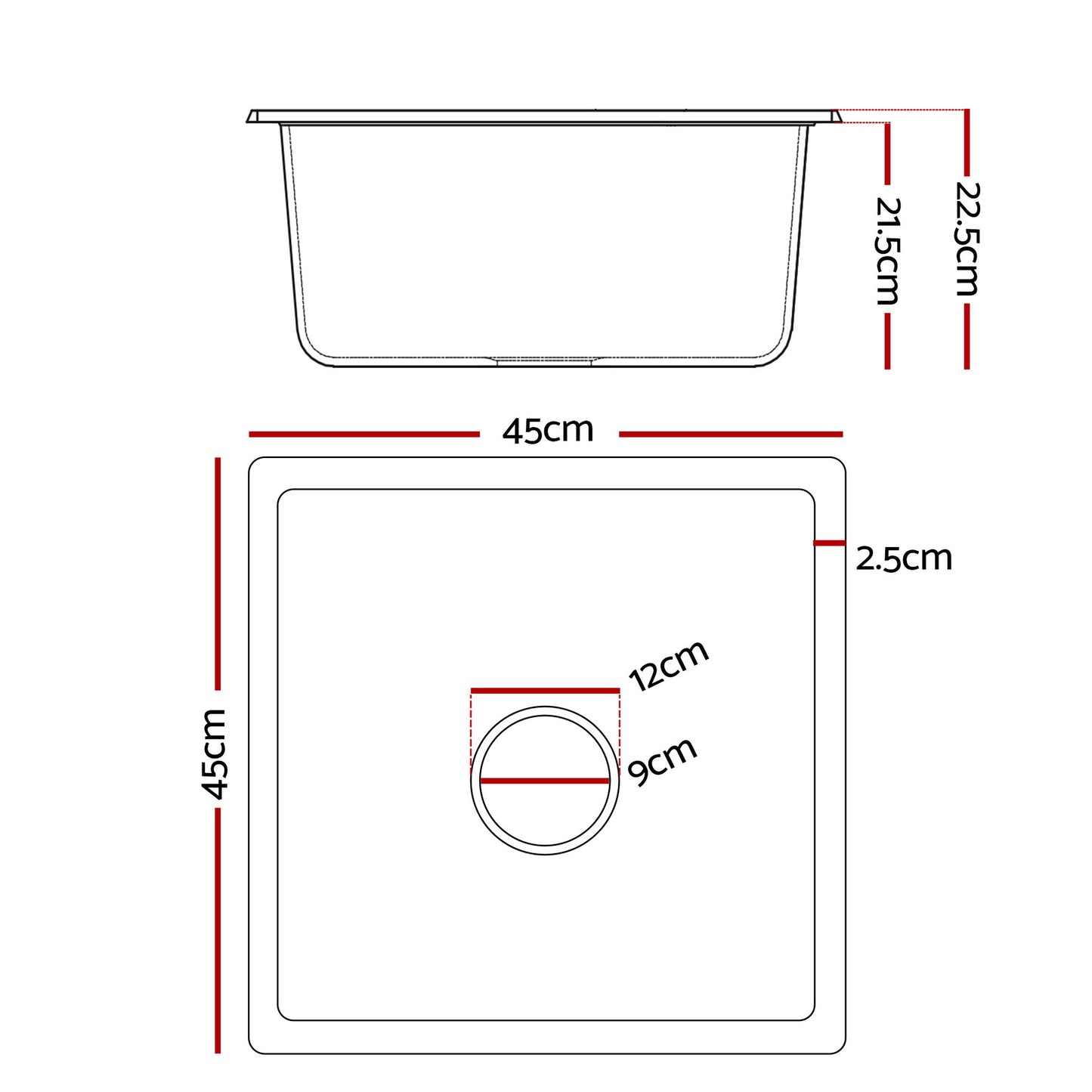 Cefito Kitchen Sink 45x45cm Granite Stone Sink Single Bowl Black - Image 2
