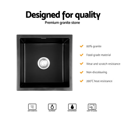 Cefito Kitchen Sink 45x45cm Granite Stone Sink Single Bowl Black - Image 4