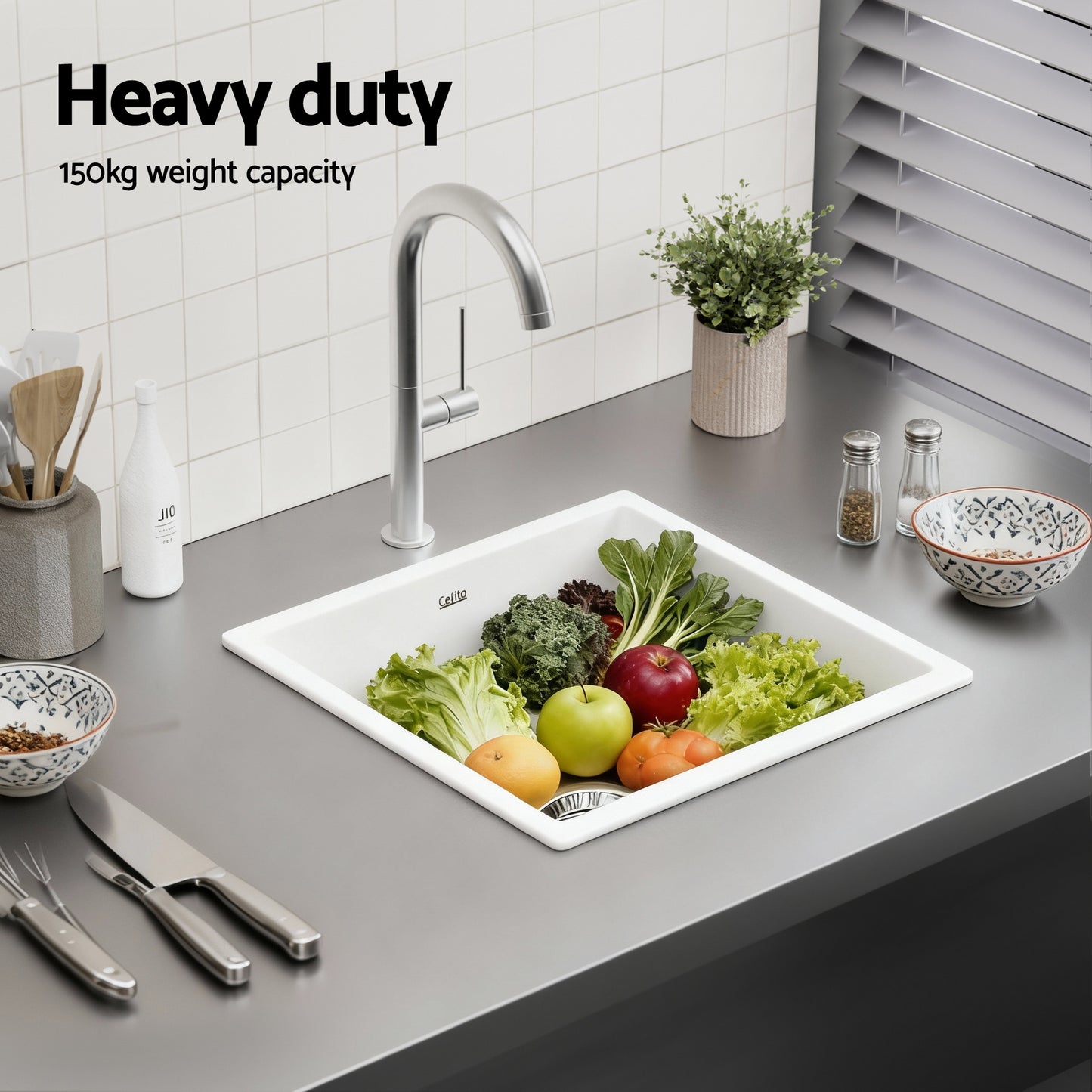 Cefito Kitchen Sink 45x45cm Granite Stone Sink Single Bowl White - Image 5