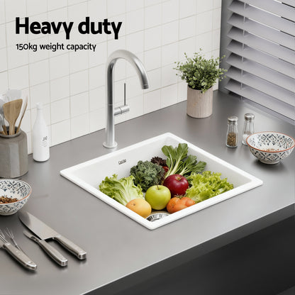 Cefito Kitchen Sink 45x45cm Granite Stone Sink Single Bowl White - Image 5