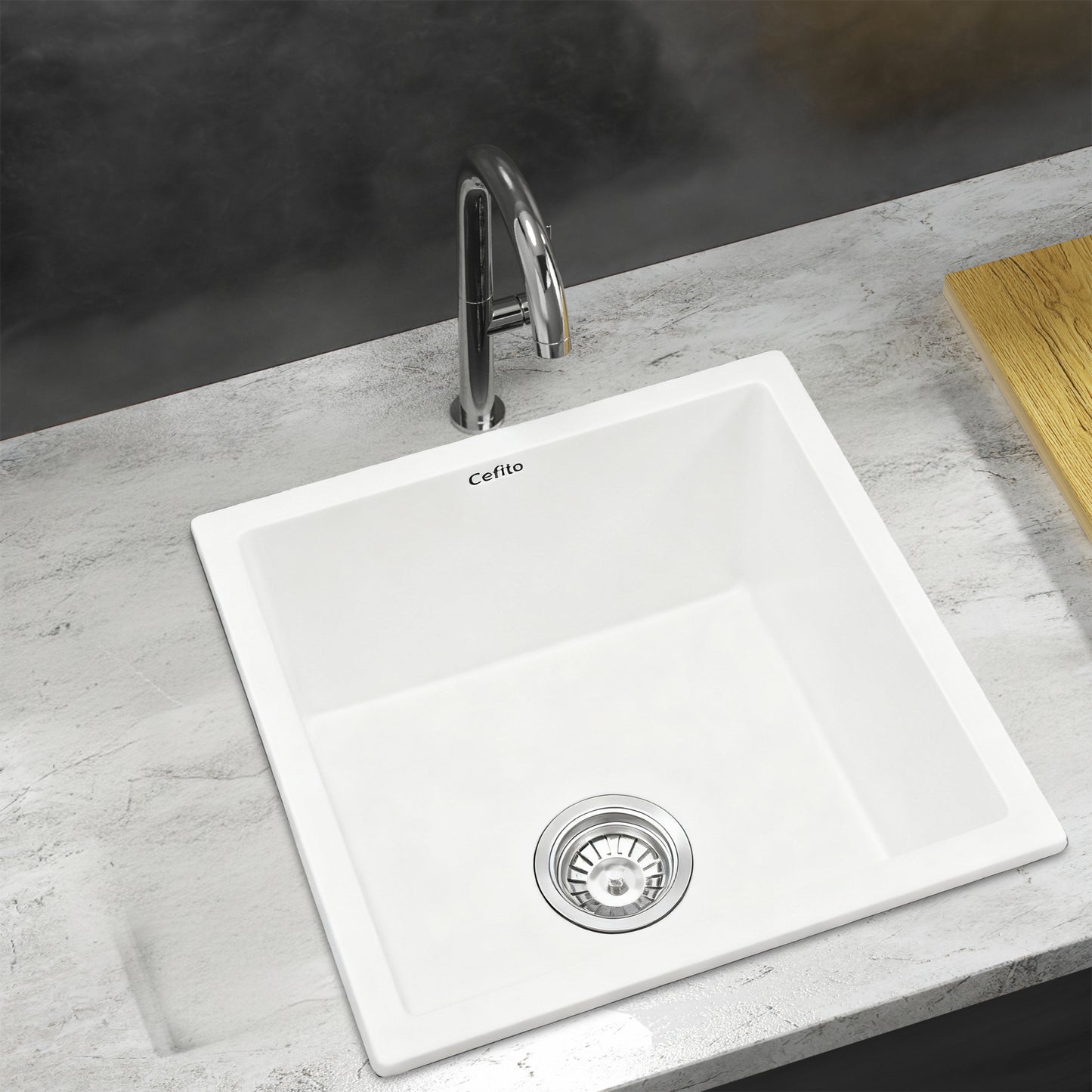 Cefito Kitchen Sink 45x45cm Granite Stone Sink Single Bowl White - Image 7