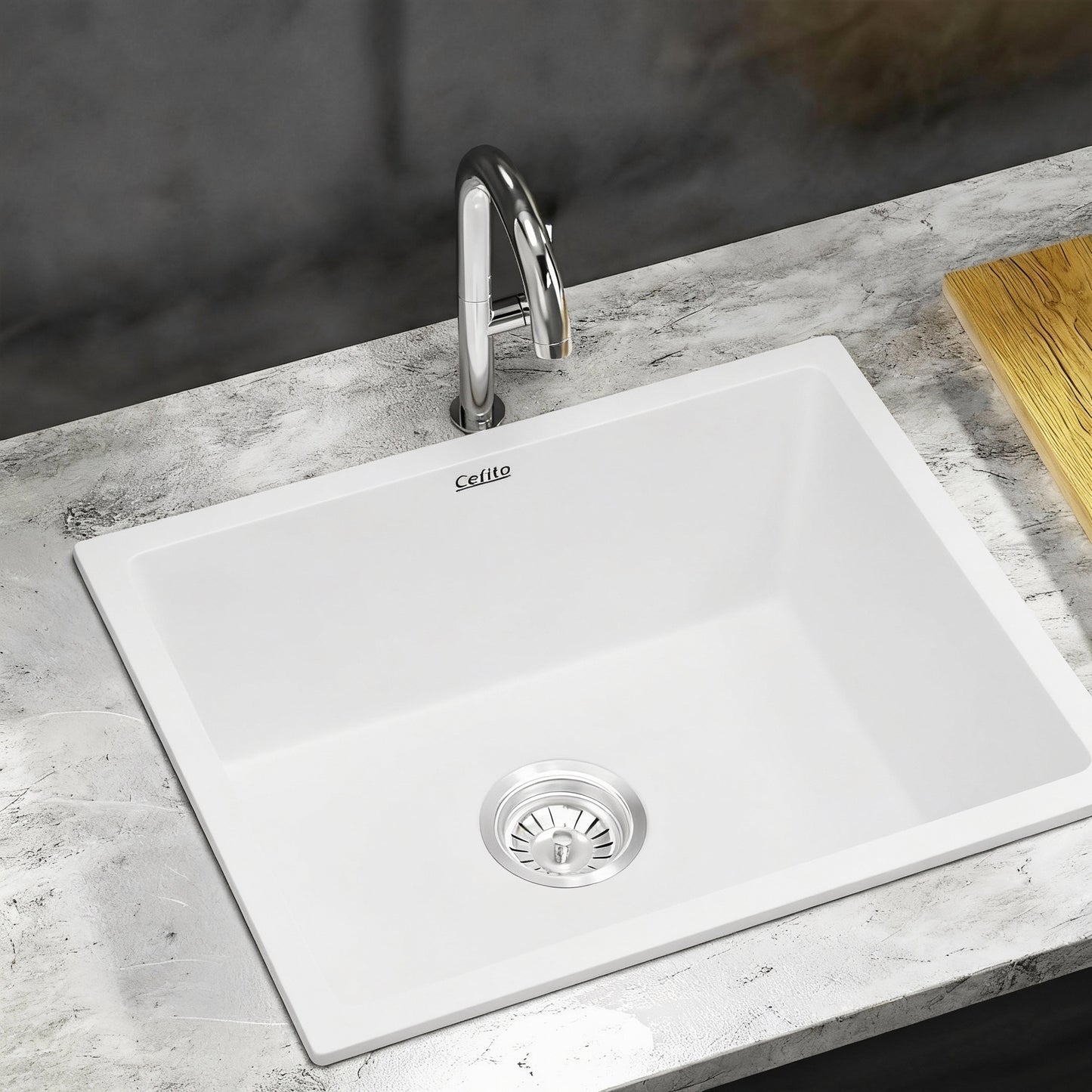Cefito Kitchen Sink 55x45cm Granite Stone Sink Single Bowl White - Image 2