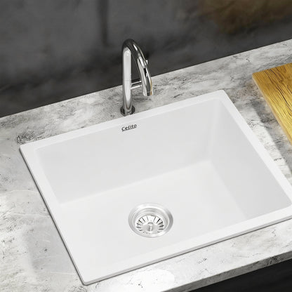 Cefito Kitchen Sink 55x45cm Granite Stone Sink Single Bowl White - Image 2