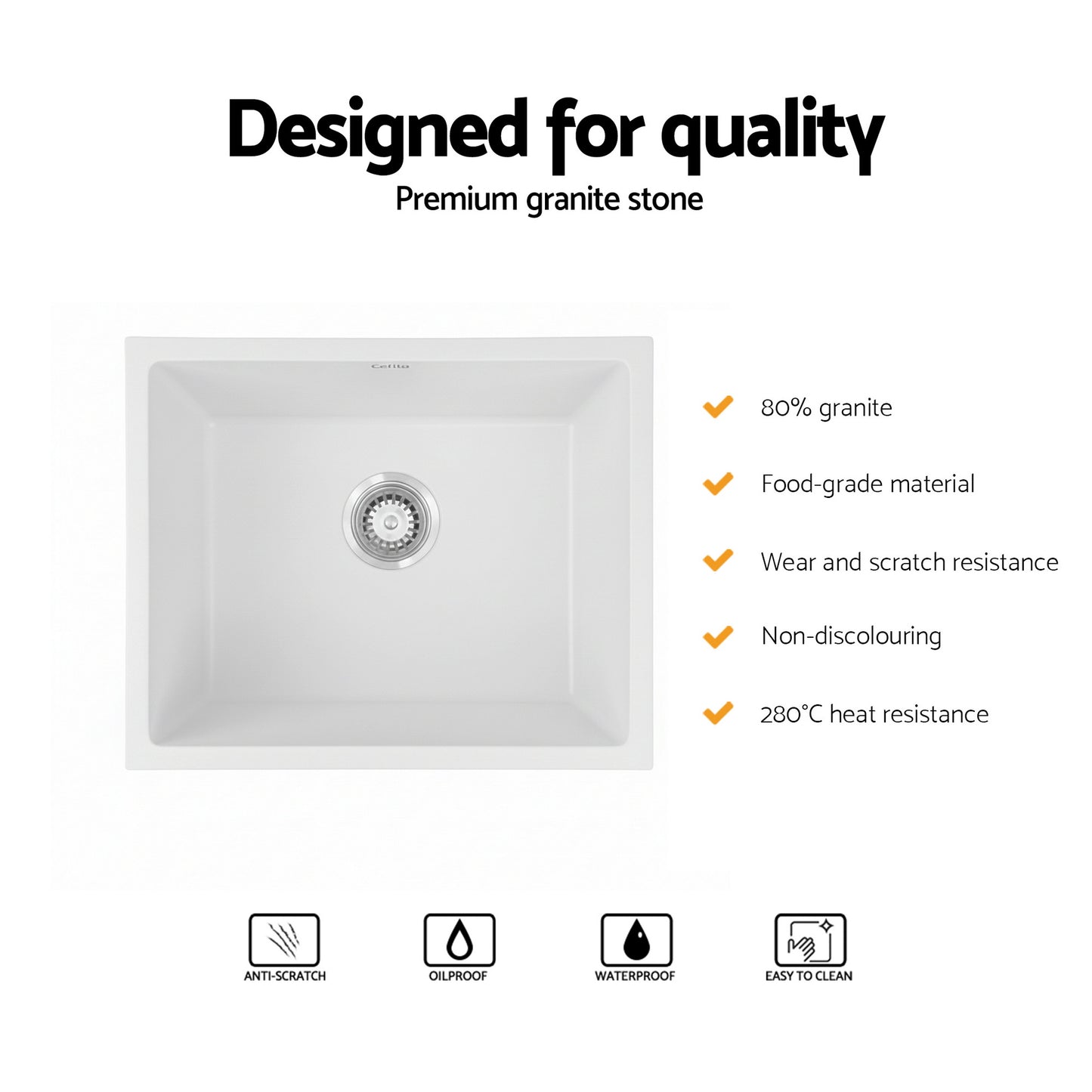 Cefito Kitchen Sink 55x45cm Granite Stone Sink Single Bowl White - Image 5