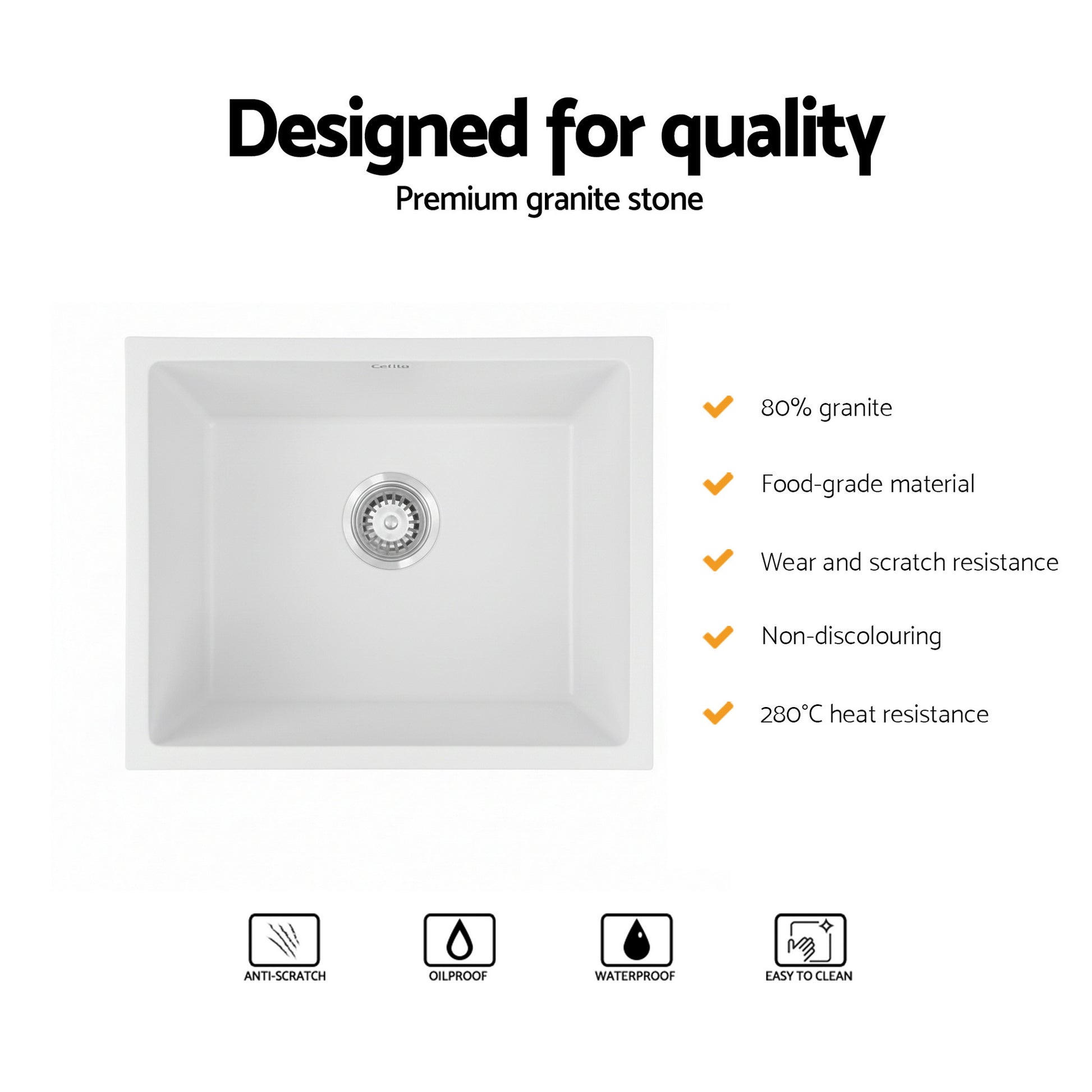 Cefito Kitchen Sink 55x45cm Granite Stone Sink Single Bowl White - Image 5