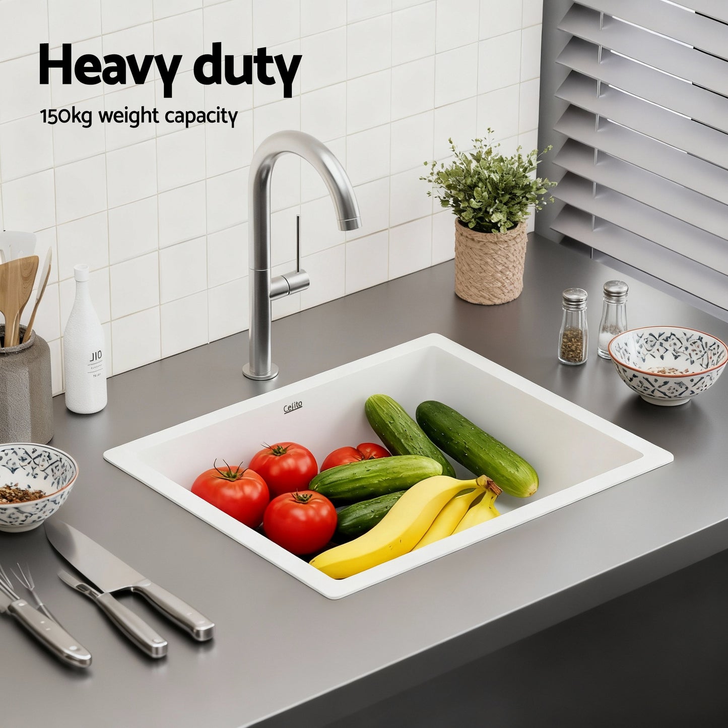 Cefito Kitchen Sink 55x45cm Granite Stone Sink Single Bowl White - Image 6