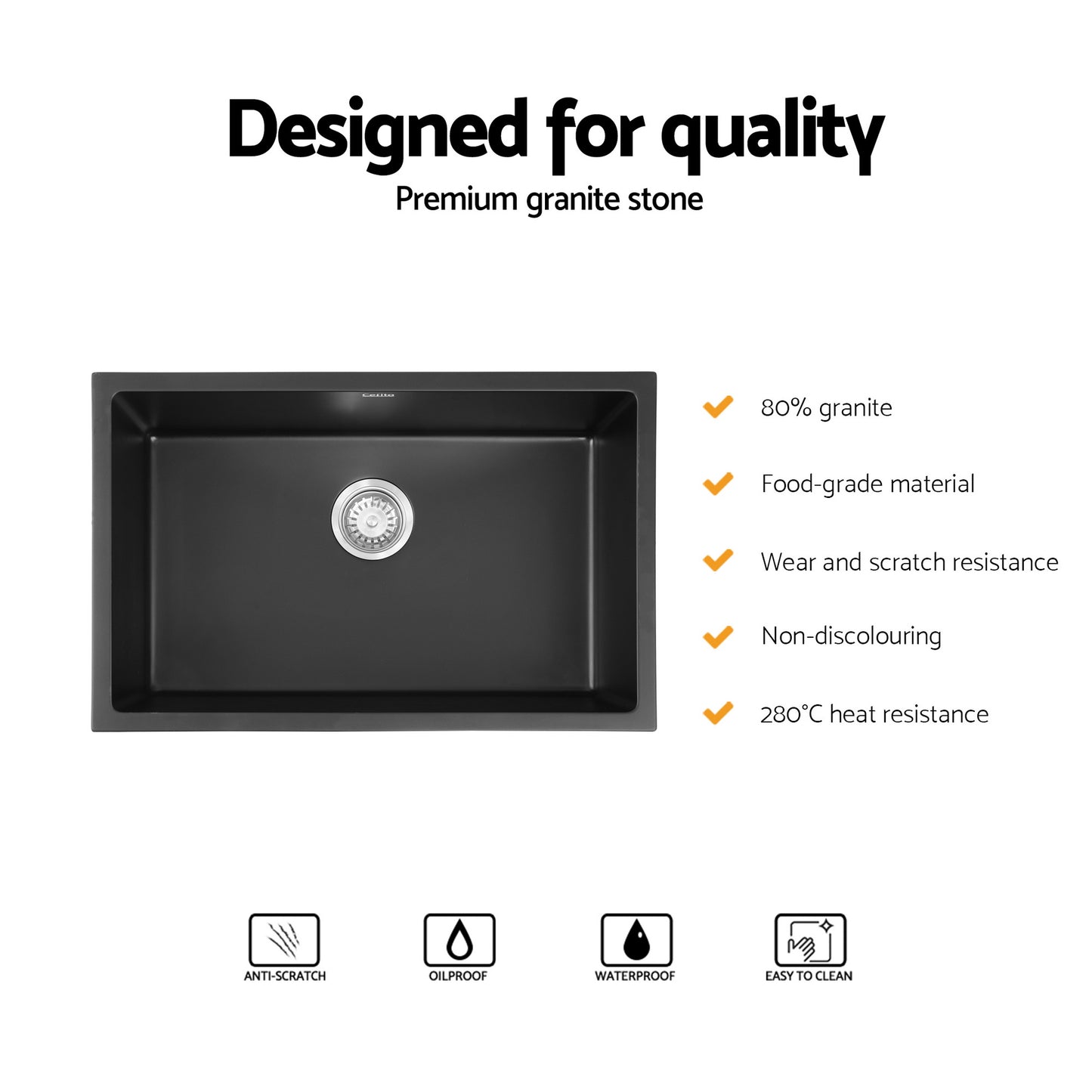 Cefito Kitchen Sink 70x45cm Granite Stone Sink Single Bowl Black - Image 4