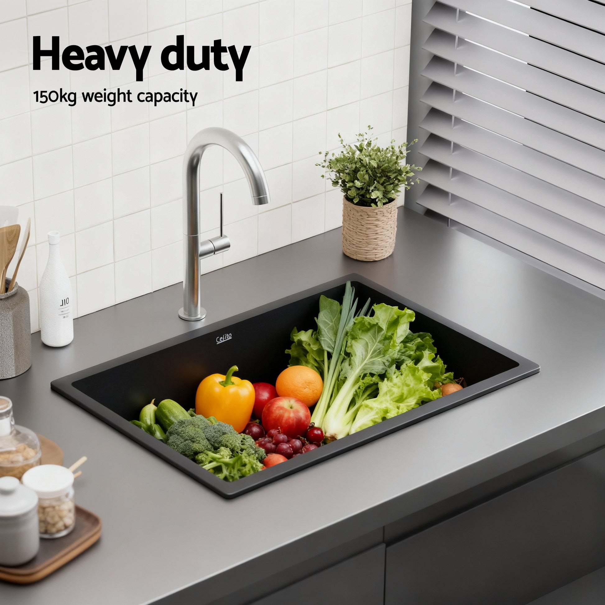 Cefito Kitchen Sink 70x45cm Granite Stone Sink Single Bowl Black - Image 5