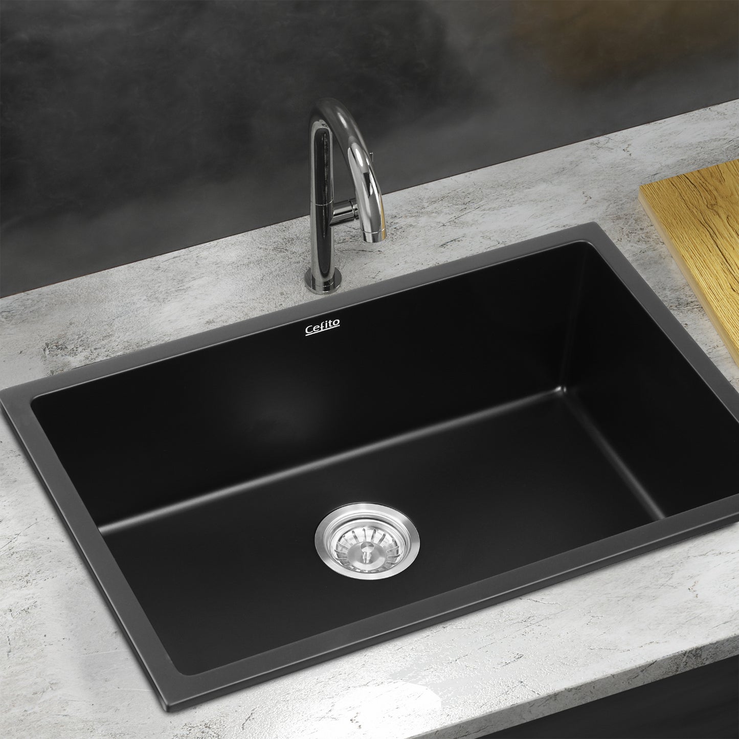 Cefito Kitchen Sink 70x45cm Granite Stone Sink Single Bowl Black - Image 7