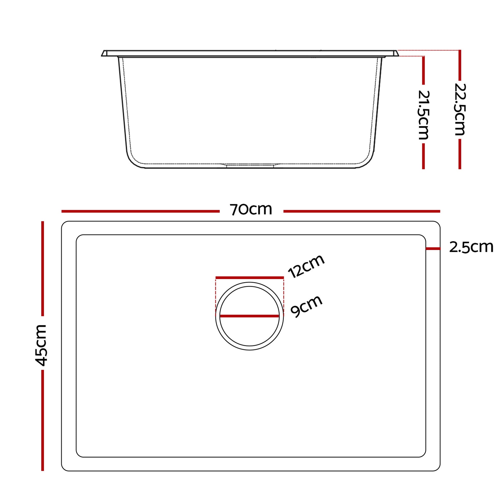 Cefito Kitchen Sink 70x45cm Granite Stone Sink Single Bowl White - Image 2