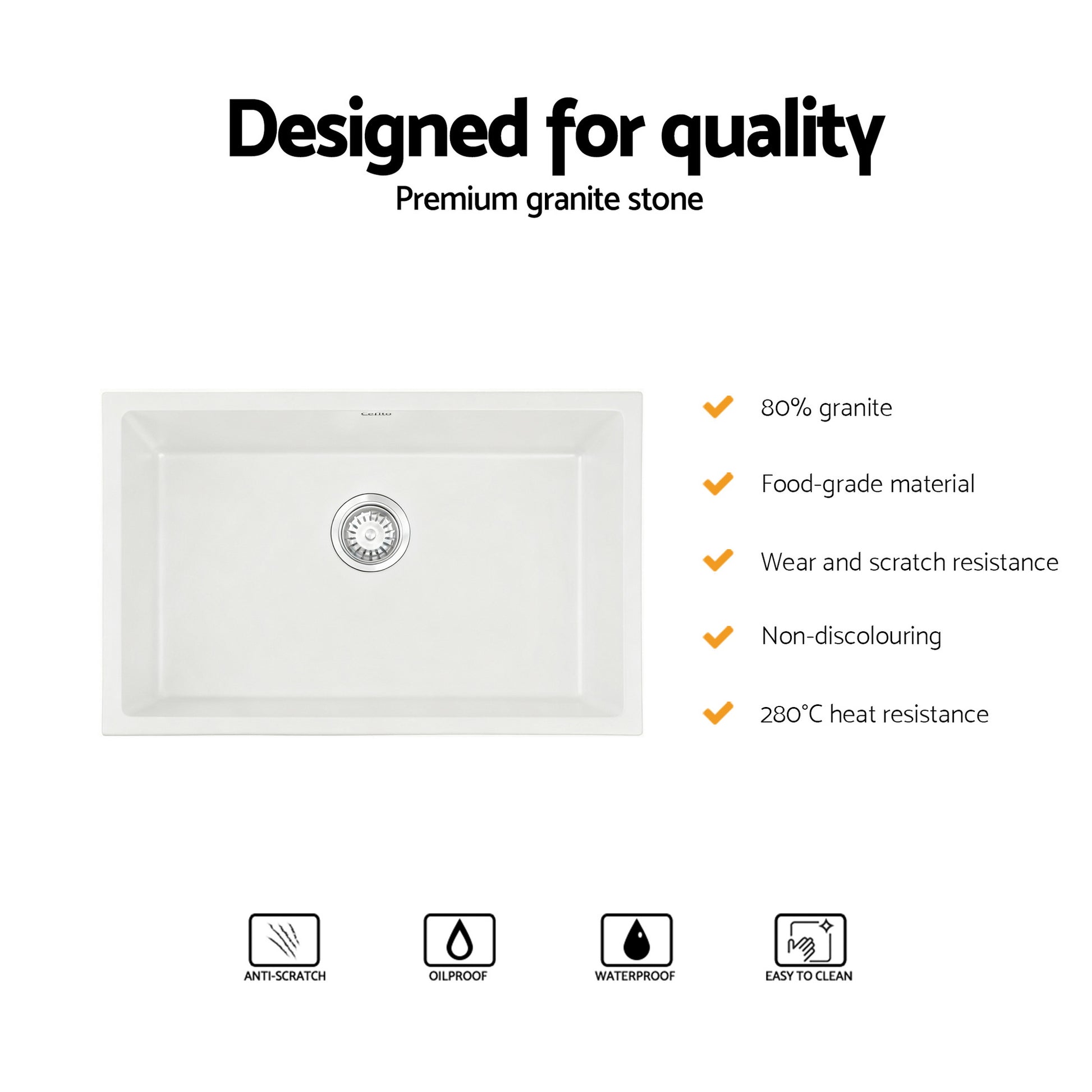 Cefito Kitchen Sink 70x45cm Granite Stone Sink Single Bowl White - Image 4