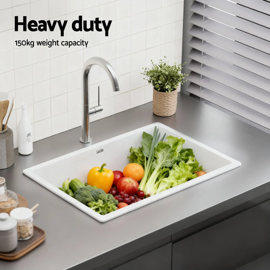 Cefito Kitchen Sink 70x45cm Granite Stone Sink Single Bowl White - Image 5