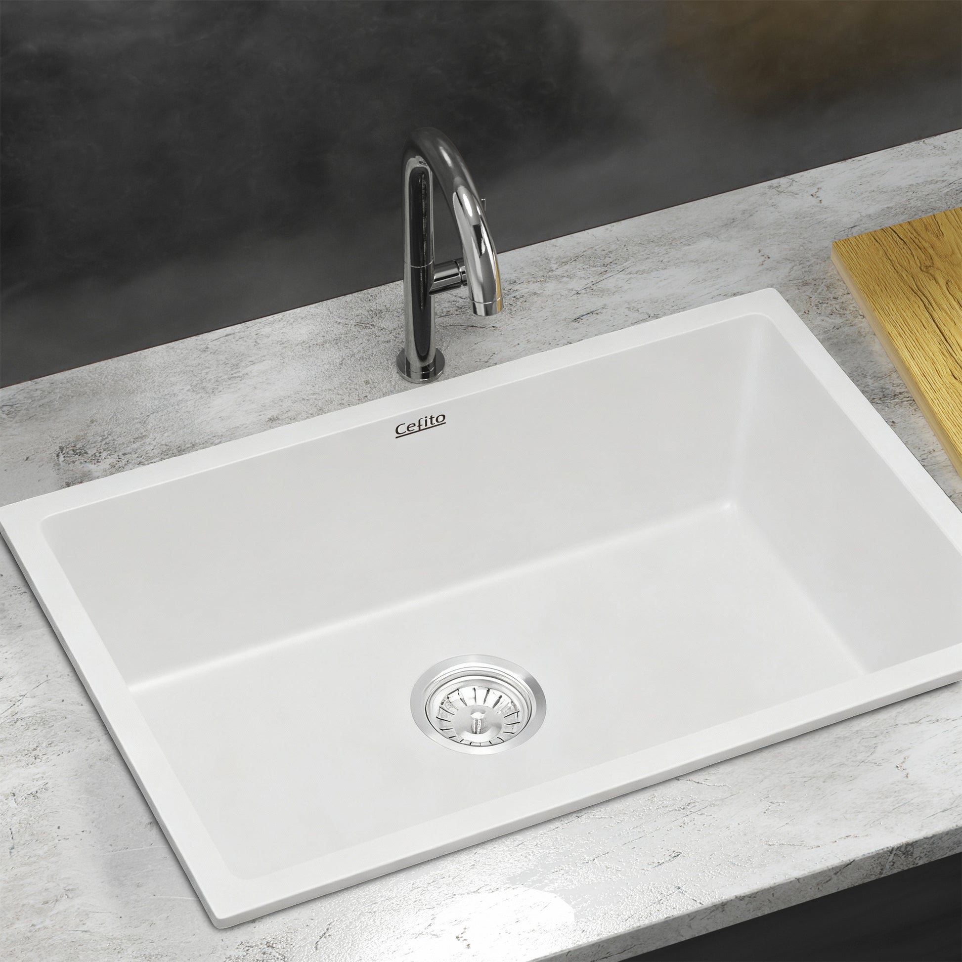 Cefito Kitchen Sink 70x45cm Granite Stone Sink Single Bowl White - Image 7