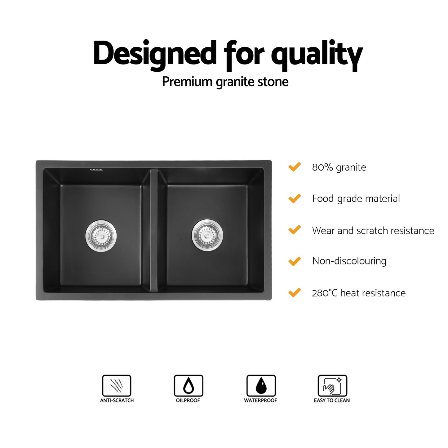 Cefito Kitchen Sink 77x45cm Granite Stone Sink Double Bowl Black - Image 4