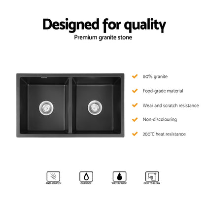Cefito Kitchen Sink 77x45cm Granite Stone Sink Double Bowl Black - Image 4