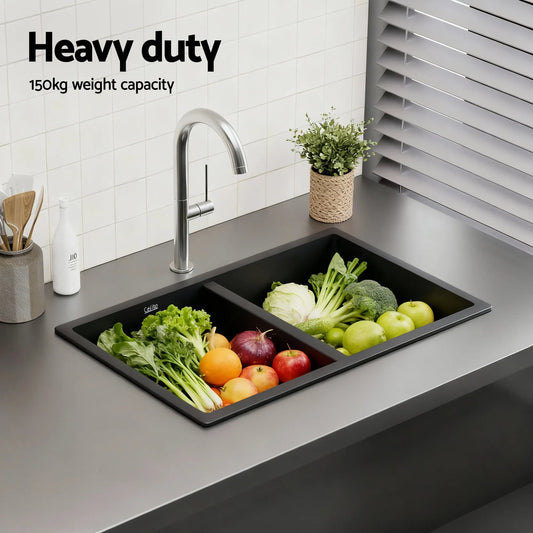 Cefito Kitchen Sink 77x45cm Granite Stone Sink Double Bowl Black - Image 5