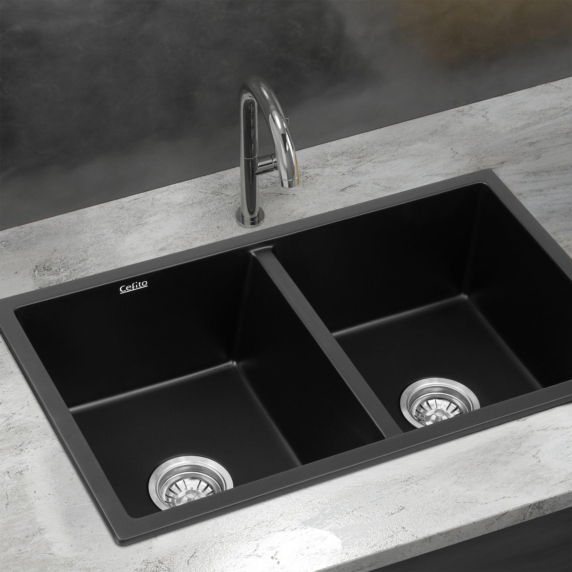 Cefito Kitchen Sink 77x45cm Granite Stone Sink Double Bowl Black - Image 7