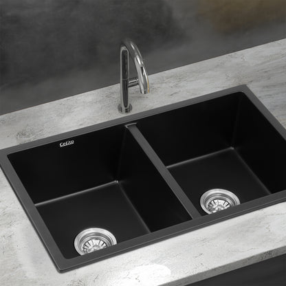 Cefito Kitchen Sink 77x45cm Granite Stone Sink Double Bowl Black - Image 7