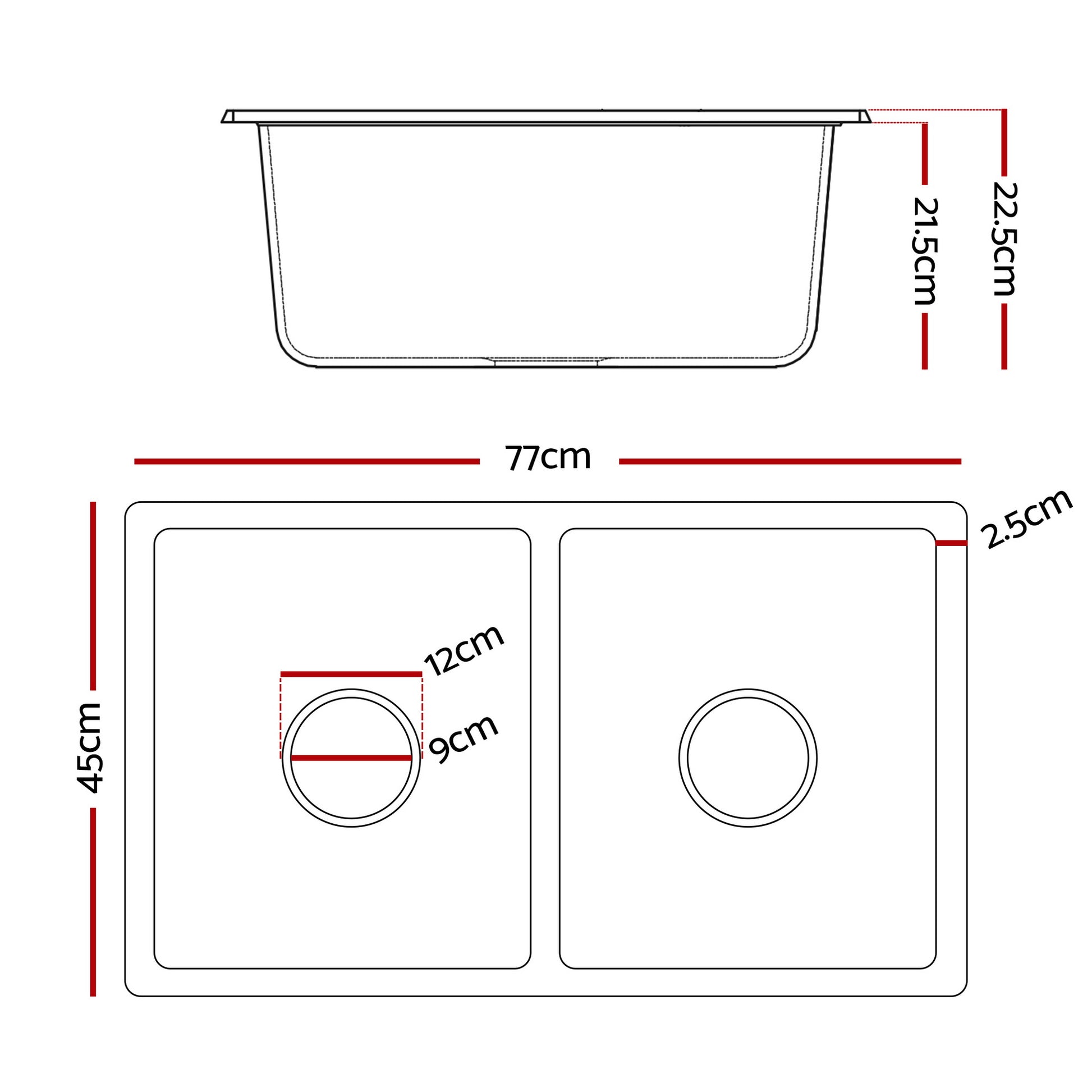 Cefito Kitchen Sink 77x45cm Granite Stone Sink Double Bowl White - Image 2