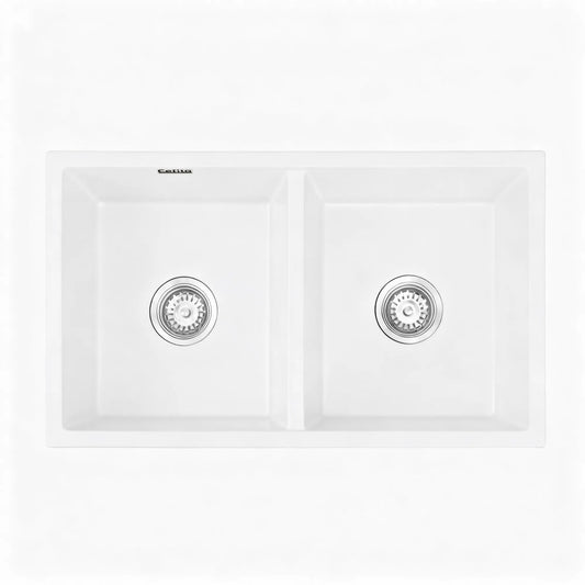 Cefito Kitchen Sink 77x45cm Granite Stone Sink Double Bowl White - Image 3