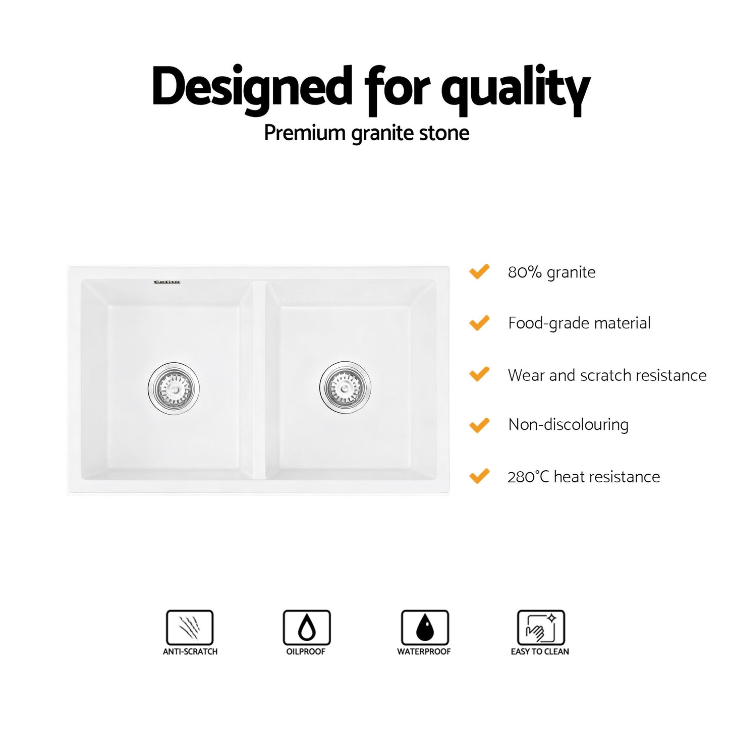 Cefito Kitchen Sink 77x45cm Granite Stone Sink Double Bowl White - Image 4