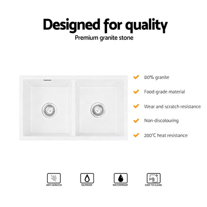 Cefito Kitchen Sink 77x45cm Granite Stone Sink Double Bowl White - Image 4