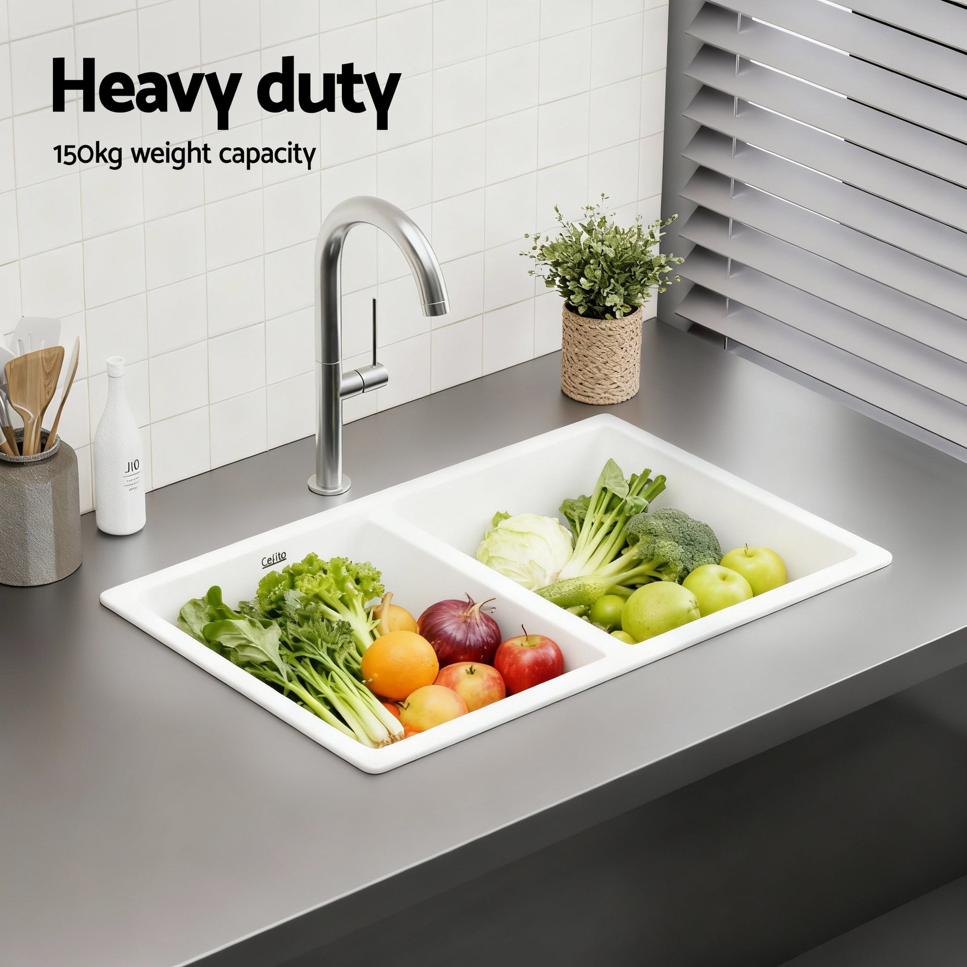 Cefito Kitchen Sink 77x45cm Granite Stone Sink Double Bowl White - Image 5