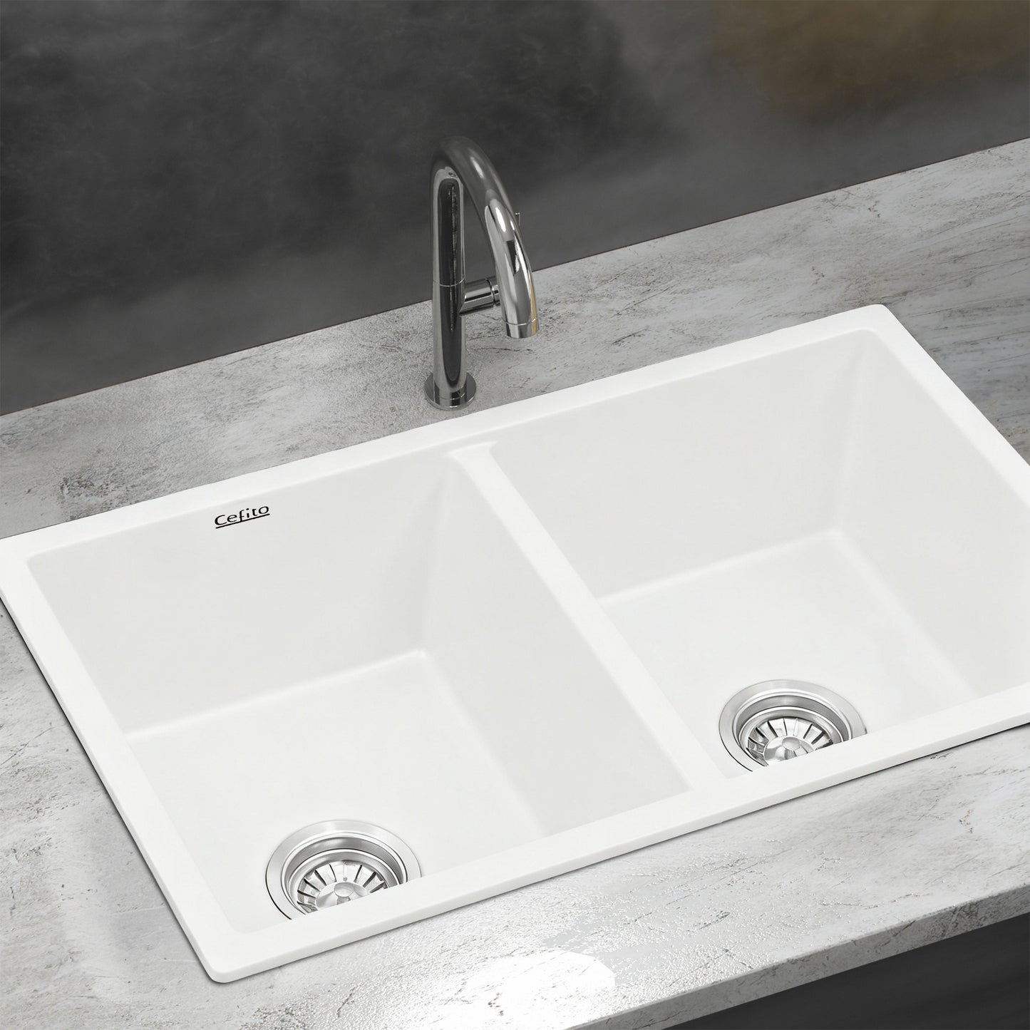 Cefito Kitchen Sink 77x45cm Granite Stone Sink Double Bowl White - Image 7