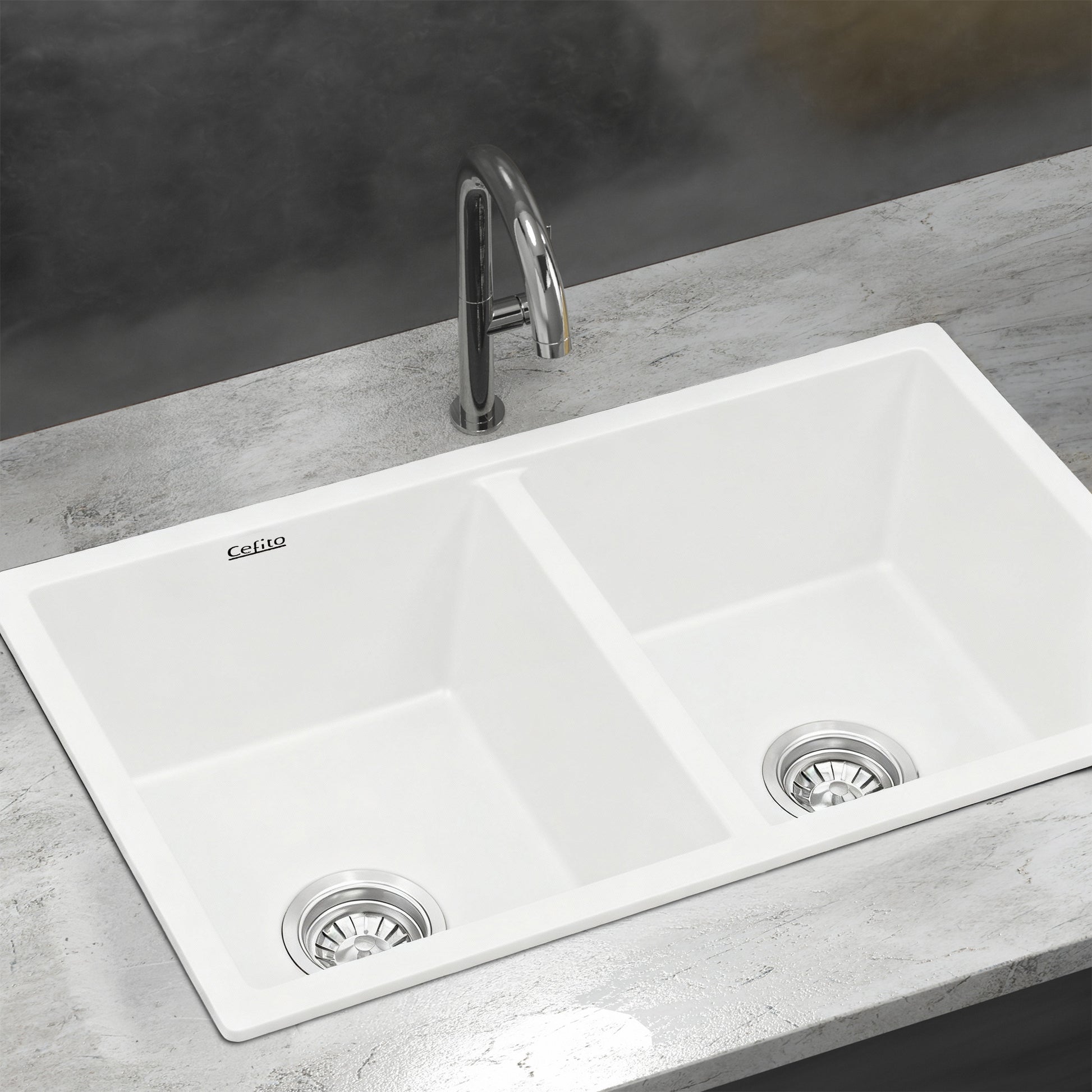 Cefito Kitchen Sink 77x45cm Granite Stone Sink Double Bowl White - Image 7