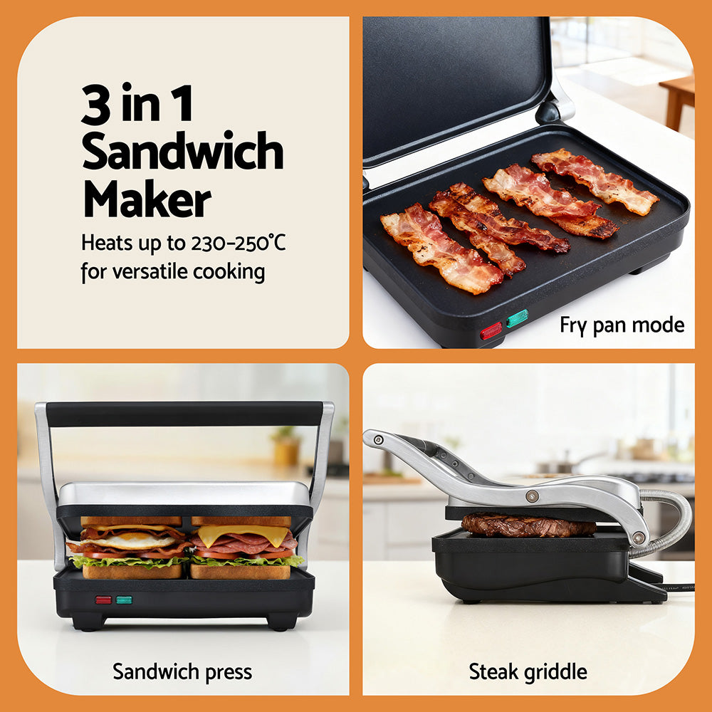 Devanti 3 in 1 Sandwich Maker Steak Press Grill 1000W - Image 4
