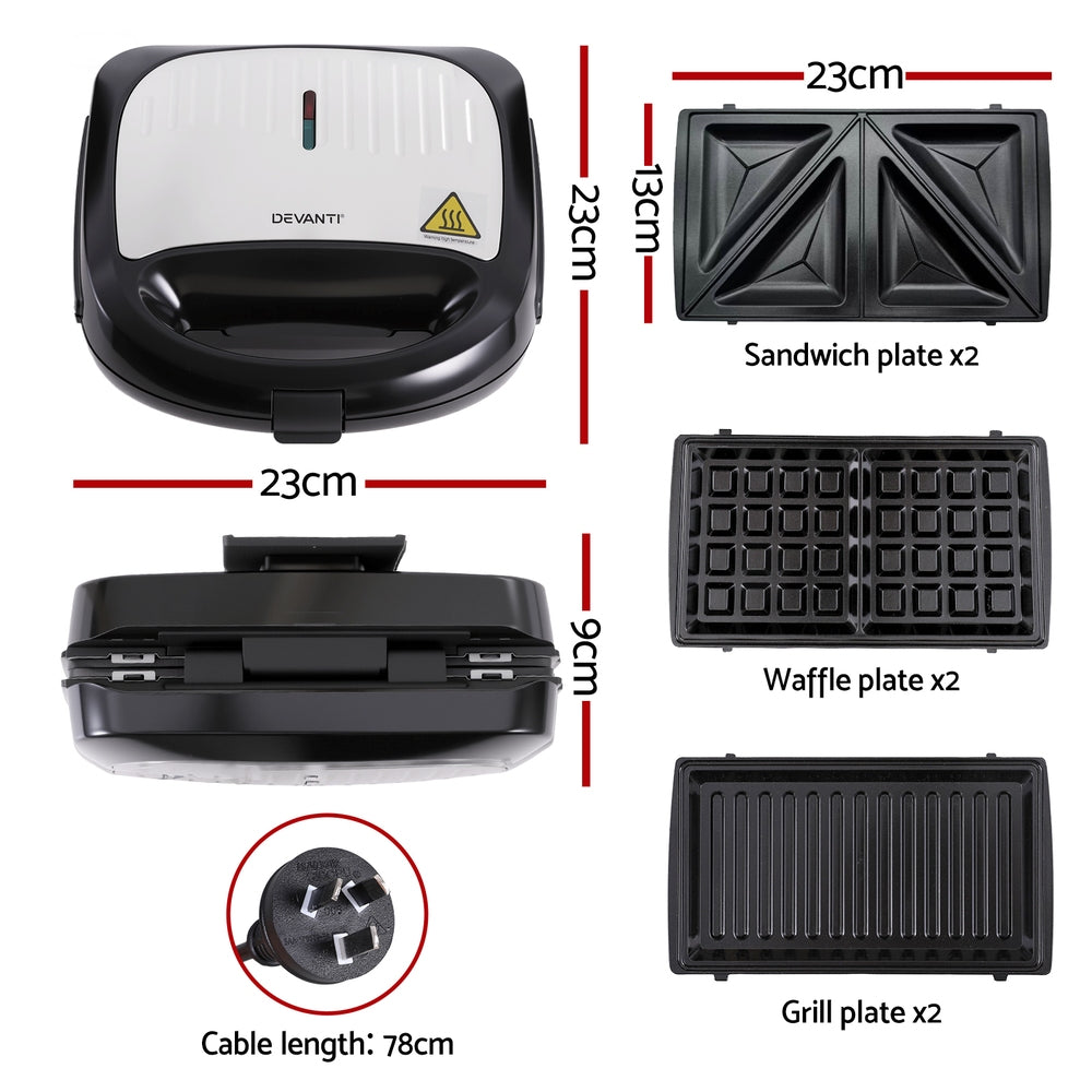 Devanti 3-in-1 Sandwich Press Waffle Maker Panini Press Grill 850W - Image 2