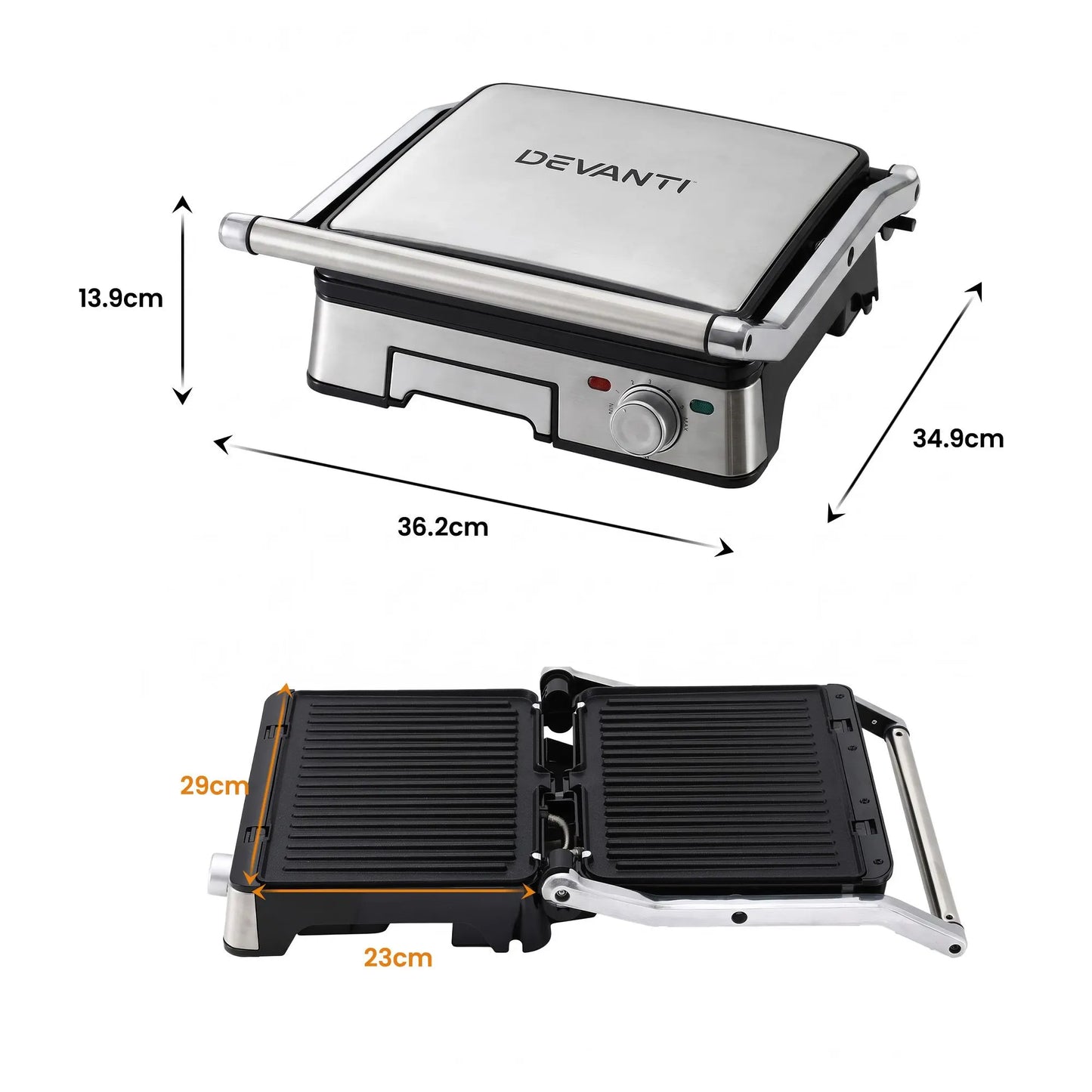 Devanti 2000W 3-in-1 Panini Press Grill Sandwich Maker 180° Open 4 Slice - Image 2