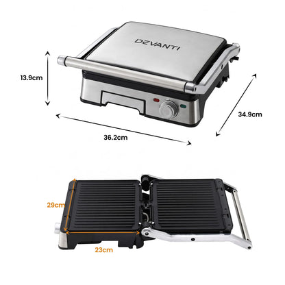 Devanti 2000W 3-in-1 Panini Press Grill Sandwich Maker 180° Open 4 Slice - Image 2
