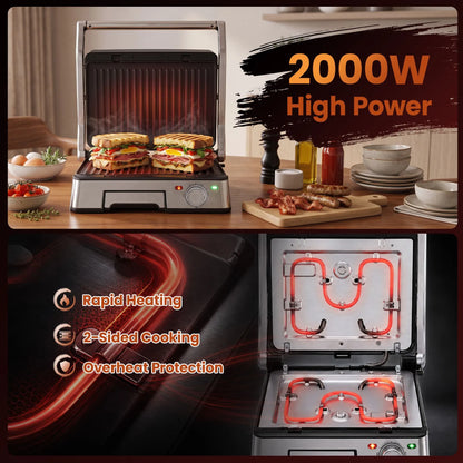 Devanti 2000W 3-in-1 Panini Press Grill Sandwich Maker 180° Open 4 Slice - Image 4