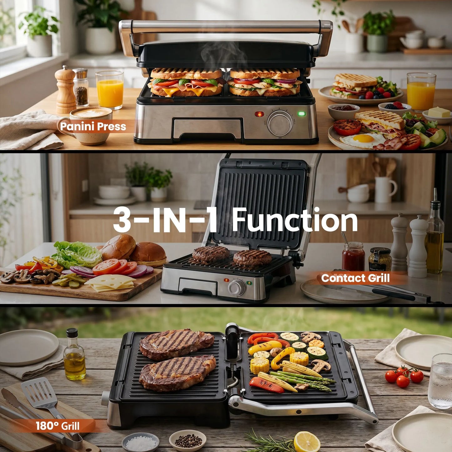Devanti 2000W 3-in-1 Panini Press Grill Sandwich Maker 180° Open 4 Slice - Image 5