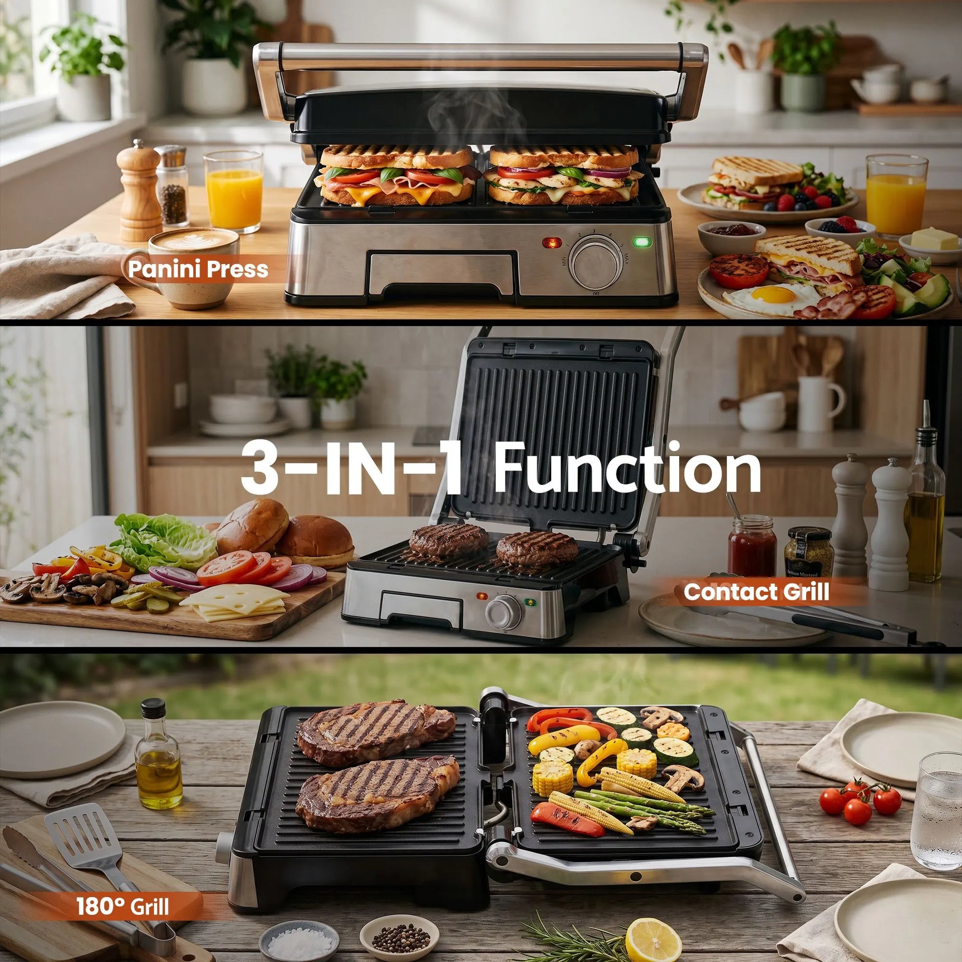 Devanti 2000W 3-in-1 Panini Press Grill Sandwich Maker 180° Open 4 Slice - Image 5