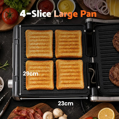 Devanti 2000W 3-in-1 Panini Press Grill Sandwich Maker 180° Open 4 Slice - Image 6
