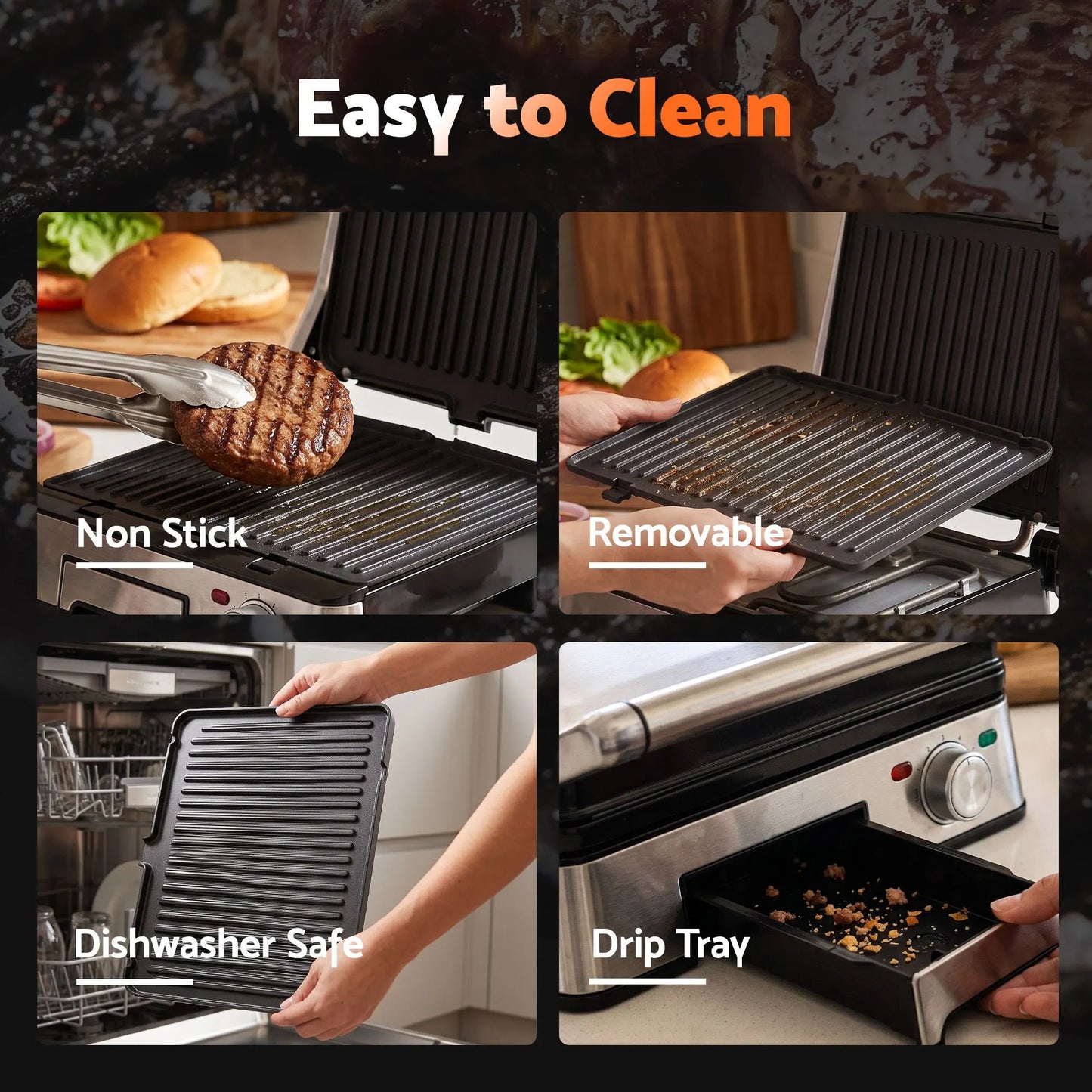 Devanti 2000W 3-in-1 Panini Press Grill Sandwich Maker 180° Open 4 Slice - Image 7