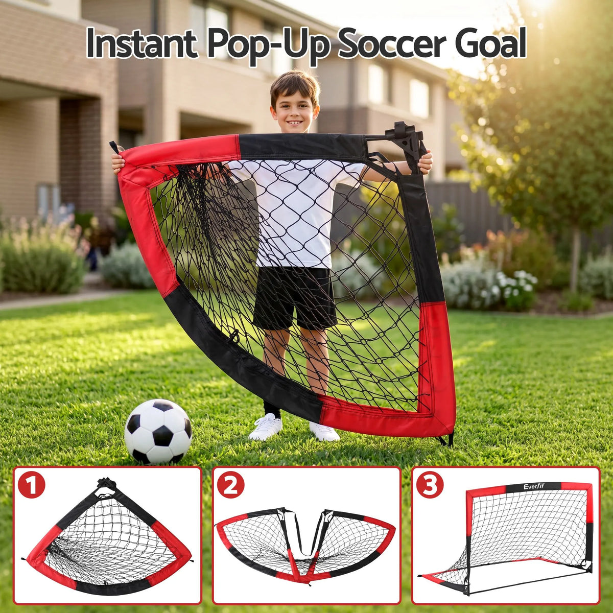 Everfit Pop Up Soccer Goal Nets Heavy Duty Portable Kids Training Set 2 Pcs Red - Image 5