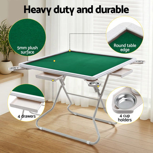 Folding Mahjong Table for Home with 4 Drawers and Cup Holders Green - Image 4