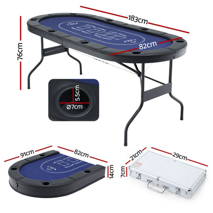 8 Player 1.8m Folding Poker Table and 300pcs Chips Set Portable Card Game Blue Layout Blue - Image 2