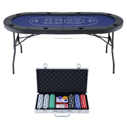 8 Player 1.8m Folding Poker Table and 300pcs Chips Set Portable Card Game Blue Layout Blue - Image 3