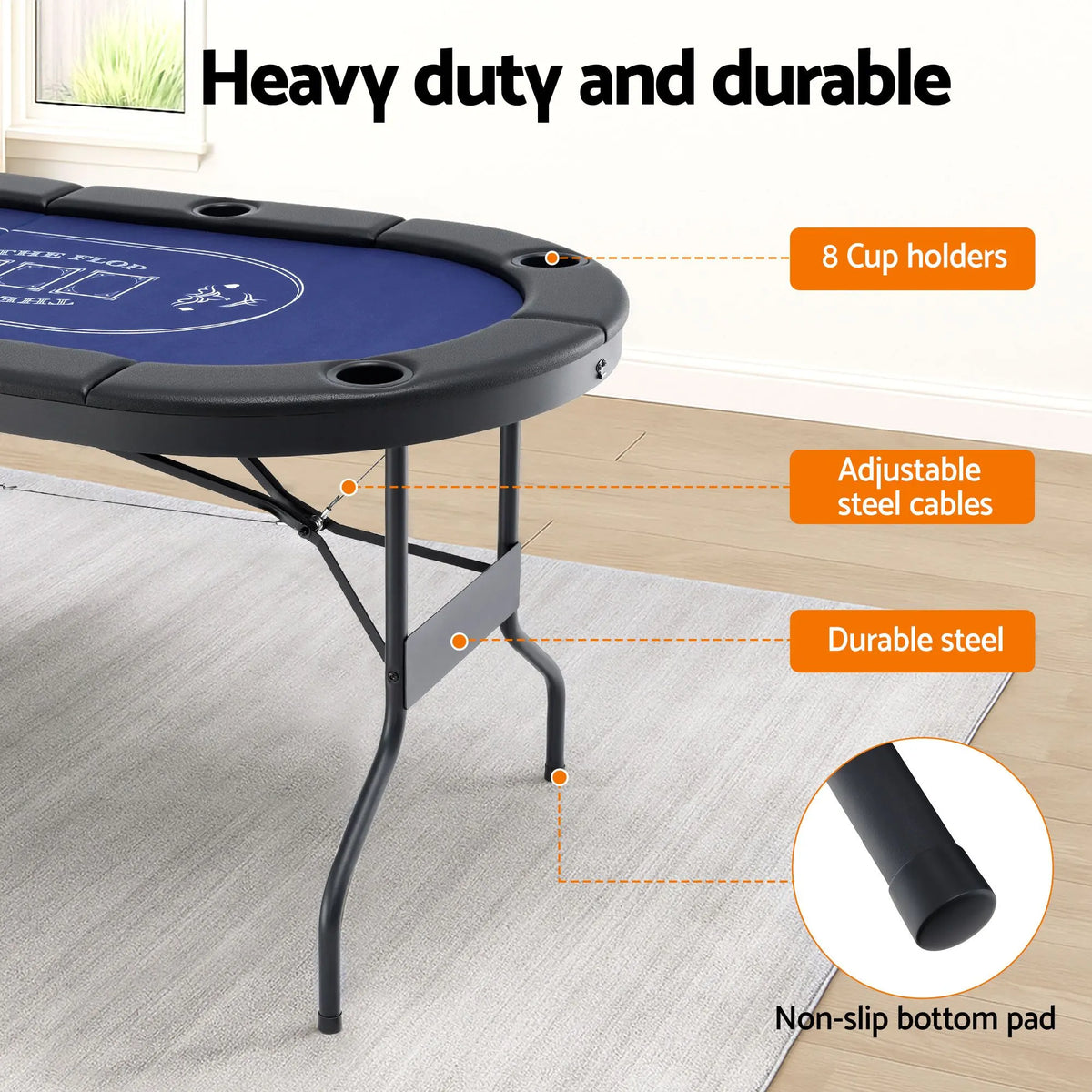 8 Player 1.8m Folding Poker Table and 300pcs Chips Set Portable Card Game Blue Layout Blue - Image 5