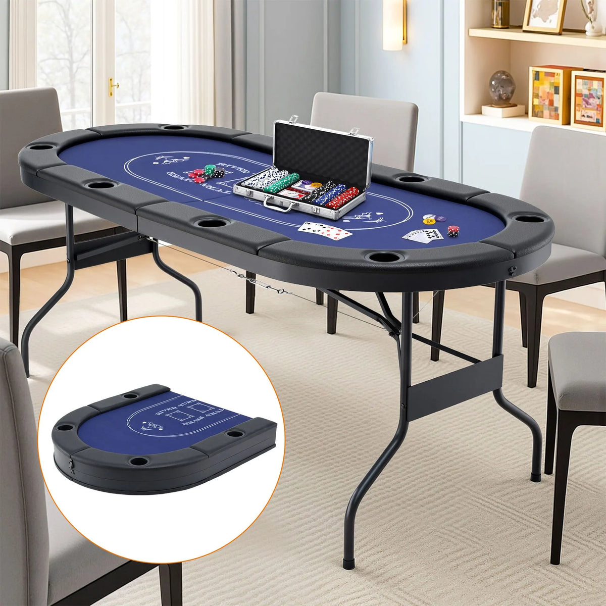 8 Player 1.8m Folding Poker Table and 300pcs Chips Set Portable Card Game Blue Layout Blue - Image 8