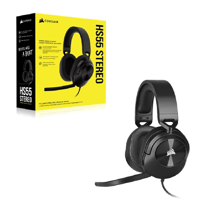 Corsair HS55 STEREO Wired Gaming Headset - Carbon, 50mm drivers, 20Hz–20kHz, wired 3.5mm stereo,...
