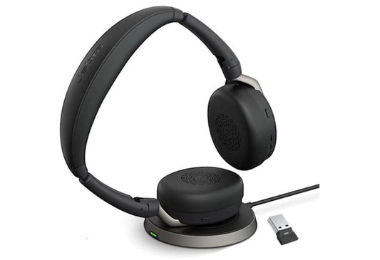 Jabra Evolve2 65 Flex MS Stereo Bluetooth Headset, Link380c USB-C Dongle  Wireless Charging Stand...