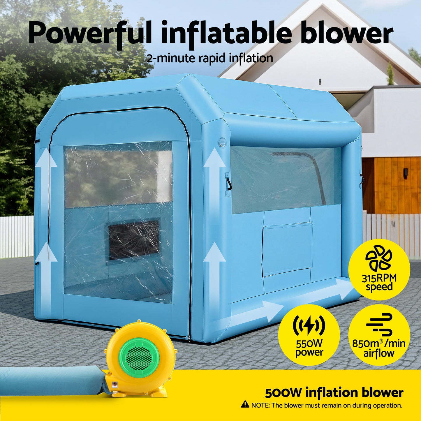 Giantz Inflatable Paint Booth 2.5X2.5X3M Inflatable Spray Booth with 550W Powerful Blower and Air Filter System, Round Roof with Light Hook, for Painting Bicycle, Motorcycle, Furniture Refinishing DIY - Image 7