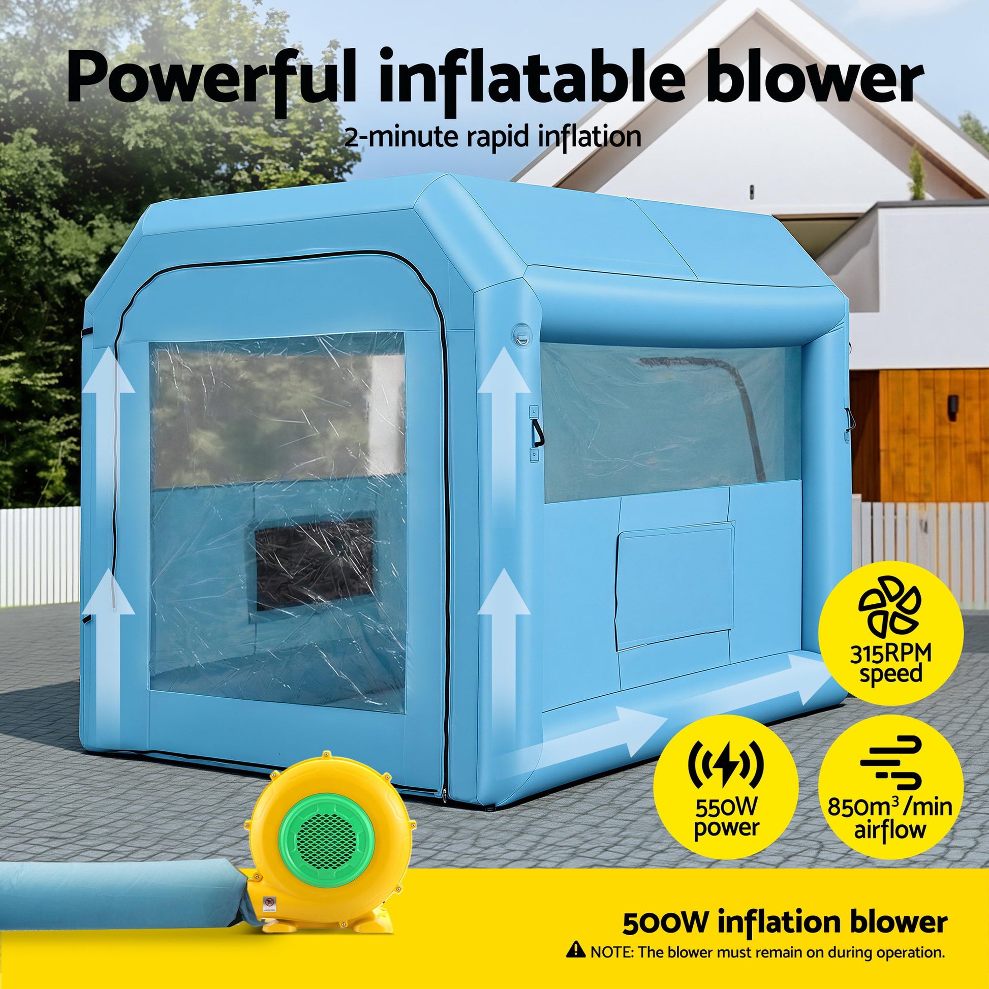 Giantz Inflatable Paint Booth 2.5X2.5X3M Inflatable Spray Booth with 550W Powerful Blower and Air Filter System, Round Roof with Light Hook, for Painting Bicycle, Motorcycle, Furniture Refinishing DIY - Image 7